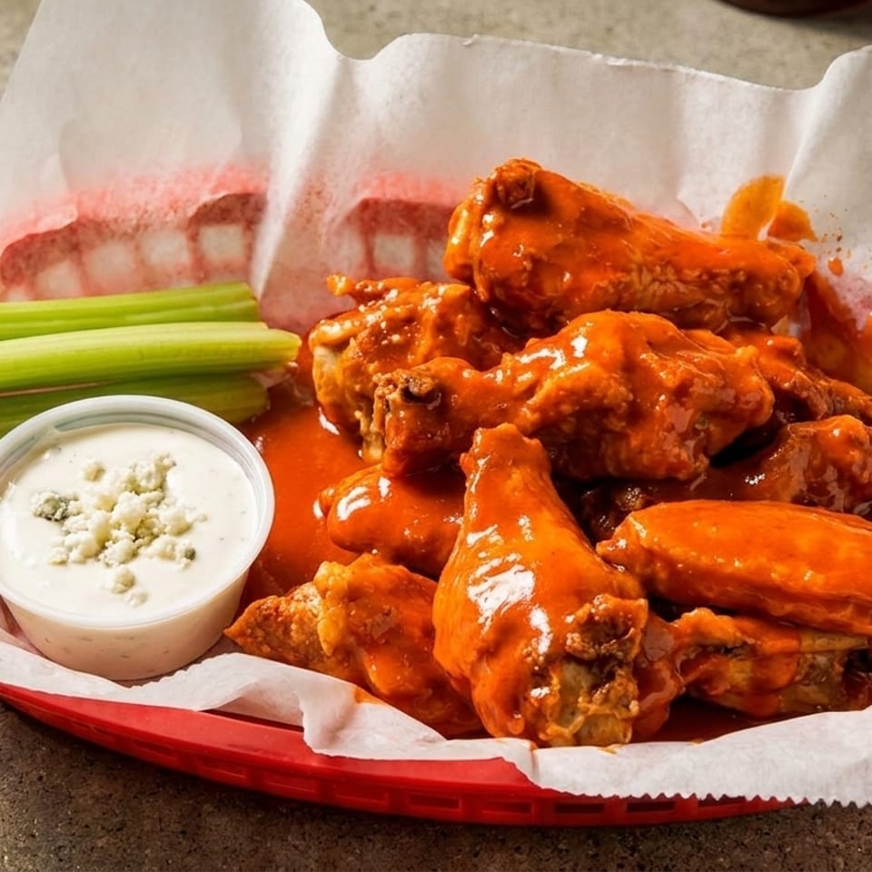 Buffalo wings in a red basket with celery sticks and a side of blue cheese dressing.