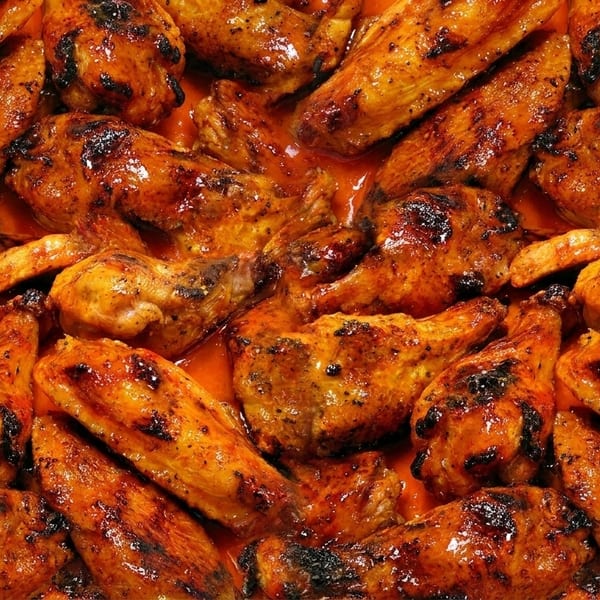 Close-up of numerous glazed chicken wings, glistening with a vibrant orange-red sauce.