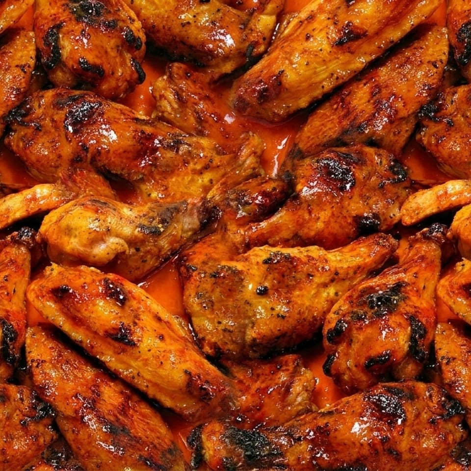 Close-up of numerous glazed chicken wings, glistening with a vibrant orange-red sauce.